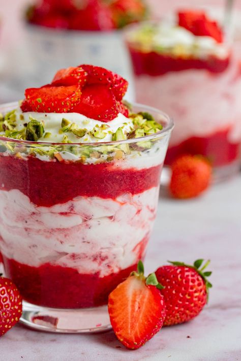 Creamy Strawberry Fool with Roasted Strawberries - Bakes by Brown Sugar Strawberry Fool, Roasted Strawberry, Bread Puddings, Roasted Strawberries, Bread Pudding, Puddings, The Fool, Strawberries, Brown Sugar