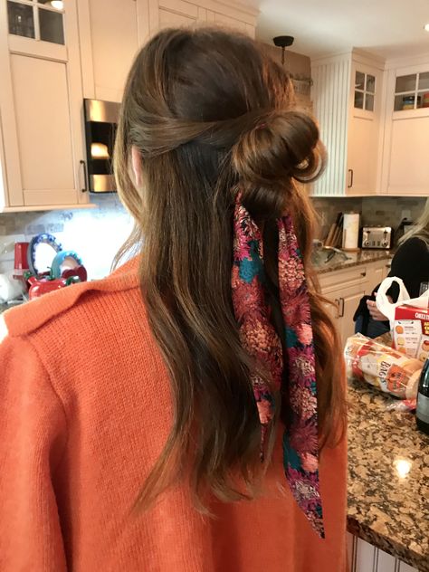 Half Up Half Down Hair With Scarf, Half Up Hair With Scarf, Half Up Half Down Hair Scarf, Scarf Half Up Half Down Hair, Style With Scarf, Half Updo Hairstyles, Lob Hairstyle, Half Updo, Half Up Half Down Hair