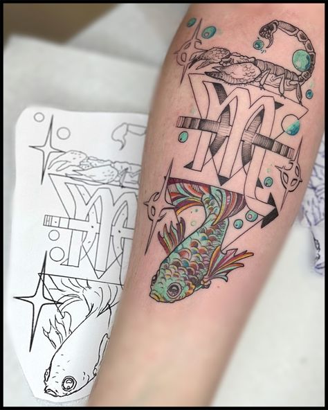 Pisces And Scorpio Tattoo Together, Scorpio And Pisces Tattoo Combined, Scorpio And Pisces Tattoo, Pisces And Scorpio Tattoo, Sis Tattoo, Couples Zodiac Tattoos, Scorpion Tattoos, Pisces Tattoo Designs, Meaning Tattoos