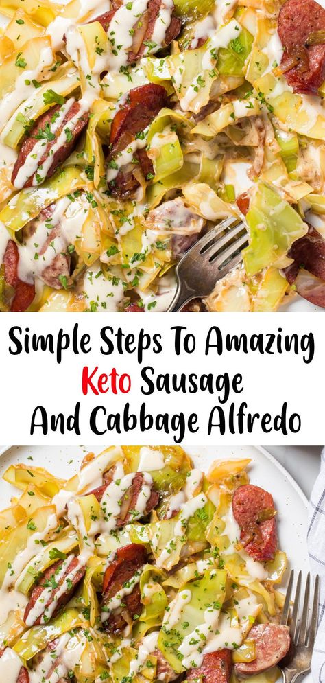 Keto sausage and cabbage alfredo is a great keto diet, low carb dinner option. Using cabbage in the place of noodles and adding in sausage for extra protein and flavor. Creamy Cabbage And Sausage Recipes, Alfredo Cabbage And Sausage, Keto Cabbage Alfredo, Cabbage Alfredo With Sausage, Sausage And Cabbage Alfredo, Low Carb Cabbage Recipes, Keilbasa And Cabbage, Sausage And Cabbage Recipes, Alfredo Cabbage