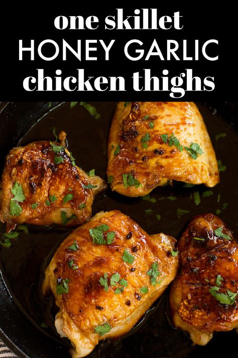 One Skillet Honey Garlic Chicken Thighs are an easy, simple, and flavorful one skillet chicken dish that will be a family favorite! Chicken Thighs Skillet, Honey Chicken Thighs, One Skillet Chicken, Skillet Chicken Thighs, Easy Honey Garlic Chicken, Garlic Chicken Thighs, Easy Skillet Chicken, Honey Garlic Chicken Thighs, Garlic Chicken Recipes