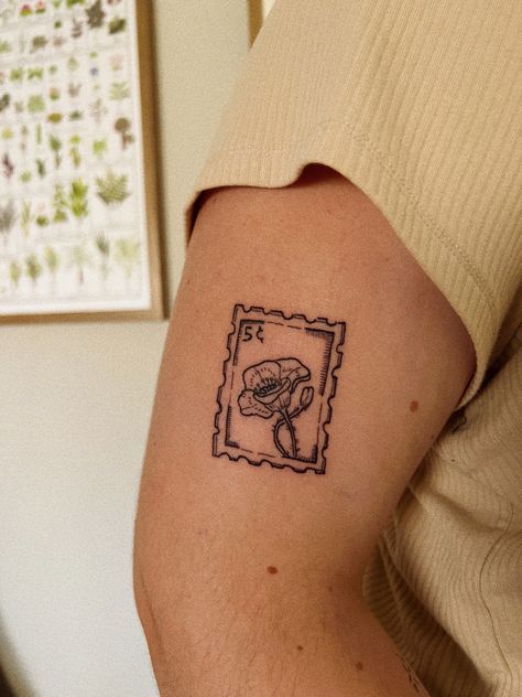 Stamp Tattoo American Traditional, Stamp Tattoo Traditional, Poppy Stamp Tattoo, Tiny American Traditional Tattoos, Poppy Tattoo Traditional, Florence Tattoo, Post Stamp Tattoo, Stamp Tattoo, Tattoo Shading