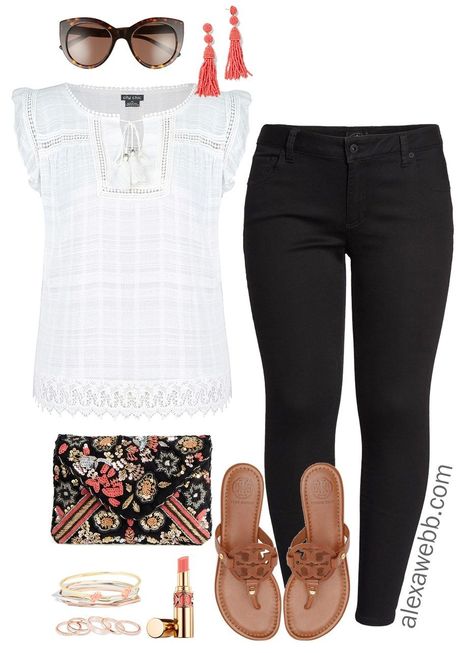 A simple and sweet plus size black jeans summer outfit.  This adorable plus size top is sure to become a hot weather staple.  Add pops of color like these coral tassel earrings, which also some in a “mini” size.  Then add shorts or your favorite jeans!  I paired here with plus size black jeans and… Read More Jeans Outfits for Work #ad Black Jeans Summer Outfit, Black Jeans Summer, Plus Size Black Jeans, Jeans Summer Outfit, Jeans Summer, Education Science, Outfits Curvy, Jeans Outfit Summer, Outfits Polyvore