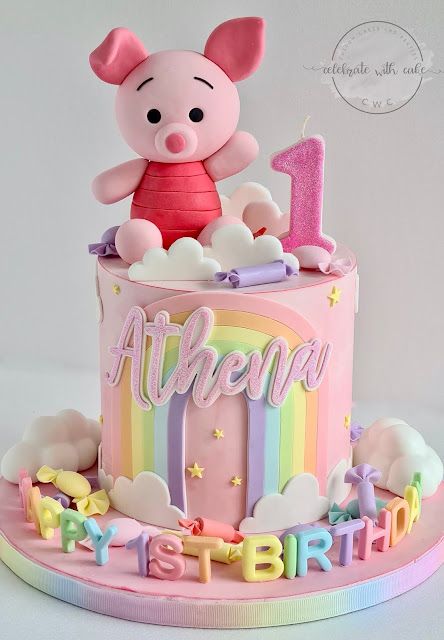 Piglet Birthday Party, Piglet Cake Ideas, Piglet Birthday Cake, Winnie The Pooh Half Birthday Cake, Winnie The Pooh Birthday Cake Simple, Piglet Cake, Winnie The Pooh Cake 2 Tier, Piglet Birthday, Winnie The Pooh Cake