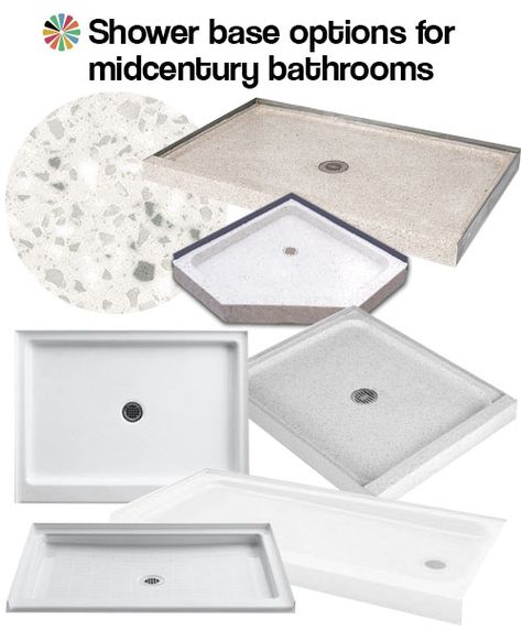 shower bases midcentury bathrooms Bathroom Retro, Shower Remodel Diy, Shower Renovation, Shower Installation, Shower Floor Tile, Shower Bases, Retro Renovation, Small Showers, Different Materials