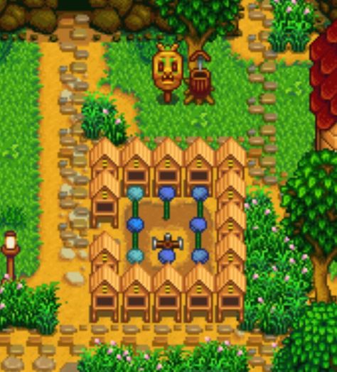 Bee Hive Stardew Valley, Stardew Valley Bee Hive Layout, Honey Stardew Valley, Stardew Honey Farm, Bee House Stardew, Stardew Honey Layout, Beehive Stardew Valley, Stardew Valley Honey Farm, Bee House Stardew Valley