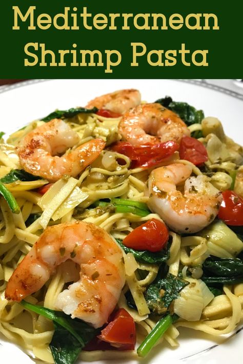 Shrimp sautéed with pesto and fresh vegetables served over fresh linguine is a delicious Mediterranean inspired meal. Mediterranean Linguine, Mediterranean Shrimp Pasta, Shrimp Linguine Recipe, Mediterranean Shrimp, Shrimp Pesto Pasta, Vegetables Pasta, Shrimp Linguine, Mediterranean Diet Recipes Dinners, Linguine Recipes