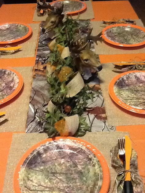 Camo Table Runner Hunting Party Table Decor, Hunting Themed Centerpieces, Camo Table Runner, Hunting Theme Table Centerpieces, Hunting Camo Party, Camo Party, Camo Wedding, Rehearsal Dinners, Rehearsal Dinner