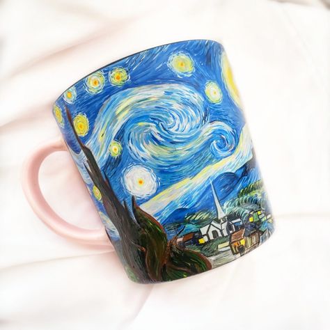 Artist Van Gogh, Glass Painting Patterns, Starry Night Art, Palette Knife Art, Art Painting Tools, Pretty Mugs, Painted Mugs, Starry Night Van Gogh, Ceramics Ideas Pottery