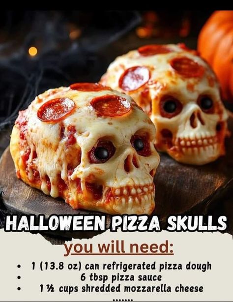 fall time lovers | Halloween Pizza Skulls 💀🍕   | Facebook Pizza Skulls, Spooky Pizza, Skull Pizza, Vegetarian Roast, Halloween Pizza, Refrigerated Pizza Dough, Snack Easy, Halloween Breakfast, Bbq Chicken Breast