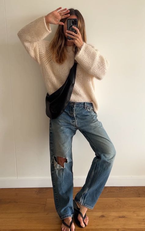 Angie Smith Style, Long Jumper Dress, Angie Smith, Mohair Jumpers, Denim Jumper Dress, Long Jumpers, Cream Trousers, Denim Jumper, Summer Black Dress