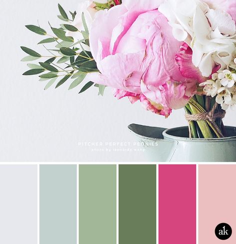 a peony-inspired color palette — Creative brands for creative people // Akula Kreative Bathroom Color Palette, Rose Fushia, Color Schemes Colour Palettes, Grey Color Palette, Color Palette Pink, Grey Color Scheme, Green Colour Palette, Bedroom Color Schemes, Design Seeds