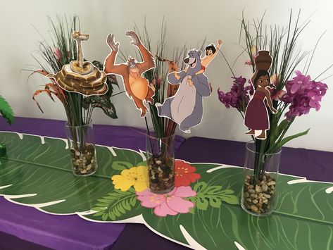 Centerpieces for Josie’s jungle book party for a princess! Shere Kahn the tiger, shanti, Baloo, kaa, and king Louie! Jungle Birthday Centerpieces, The Jungle Book Birthday Party, Jungle Book Birthday Party, Jungle Book Cake, Jungle Book Birthday, Jungle Book Party, Book Centerpieces, Movie Night Food, Jungle Book Disney