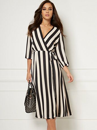 Shop Brenda Stripe Dress - Eva Mendes Collection. Find your perfect size online at the best price at New York & Company. Eva Mendes Collection, Spring Business Casual, Eva Dress, Red Dress Women, Taylor Swift Outfits, Eva Mendes, Wrap Maxi Dress, Summer Work, Company Website