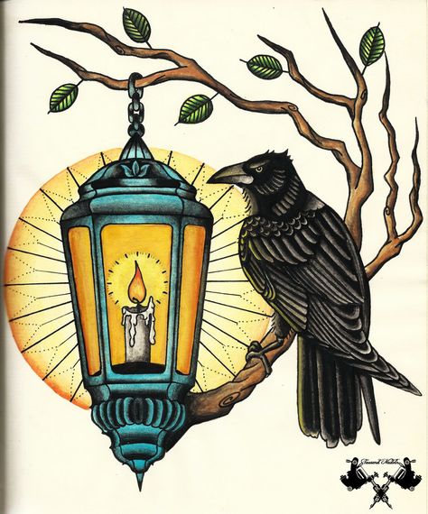 tattoo-flash crow and lantern by Tausend-Nadeln Traditional Lantern Tattoo, Lantern Tattoo Design, Lamp Tattoo, Lantern Tattoo, Tier Tattoo, Marquesan Tattoos, Traditional Lanterns, Nordic Tattoo, Human Canvas