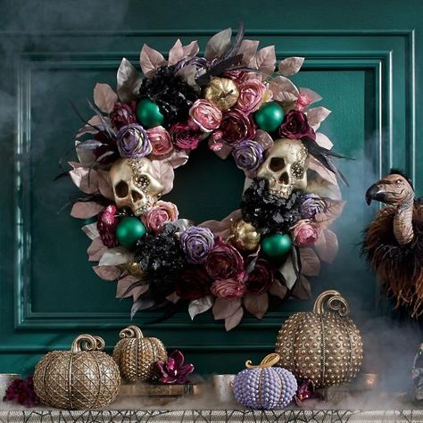 Gothic Glam Wreath Mark Roberts Witches, Glam Wreath, Grandin Road Halloween, Antique Phone, Black Cat Silhouette, Fabric Feathers, Gothic Glam, Goth Glam, Gold Pumpkins