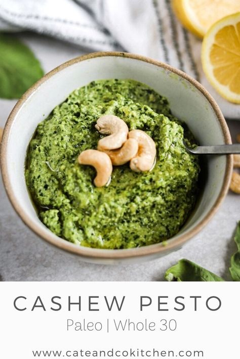 This Cashew Pesto is Whole 30 compliant and made with cashews, basil, and spinach. The nutritional yeast and cashews give it a delicious cheesy flavor without the dairy. Gluten-free, dairy-free, vegan, and paleo, it will quickly become one of your favorite Whole 30 condiments. Cashew Pesto Recipe, Recipes With Pesto, Whole30 Pesto, Paleo Baking Recipes, Cashew Pesto, Recipes Pesto, Paleo Condiments, Dairy Free Pesto, Paleo Sauces