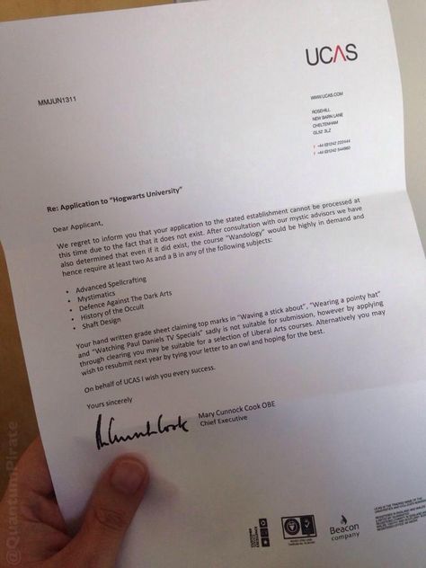 Well done UCAS. Brilliant public service with a sense of humour! Funny Rejection, Hogwarts University, College Acceptance Letter, Harry Potter Letter, Hogwarts Acceptance Letter, College Acceptance, Hogwarts Letter, Acceptance Letter, Application Letters