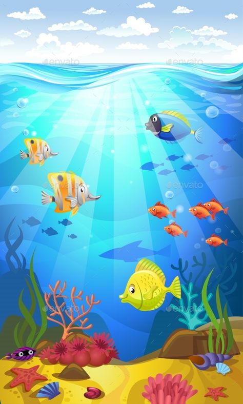 Diy Framed Wall Art, Underwater Scenery, Underwater Cartoon, Wallpaper Edge, Cute Designs To Draw, Sea Life Art, School Murals, Underwater Art, Fish Vector