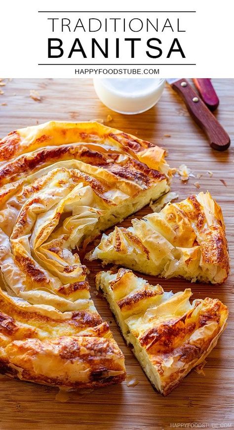 Banitsa is a traditional Bulgarian cheese pie made with cheese, yogurt and eggs. It’s perfect for breakfast or as a snack and it’s best enjoyed warm! Crinkle Pie Savory, Bulgarian Banitsa Recipe, Slovenian Food Recipes, Banitsa Recipe Bulgaria, Banitza Recipe, Cheese Pastry Recipe, Bulgarian Food Recipes, International Baking Recipes, Bulgarian Banitsa