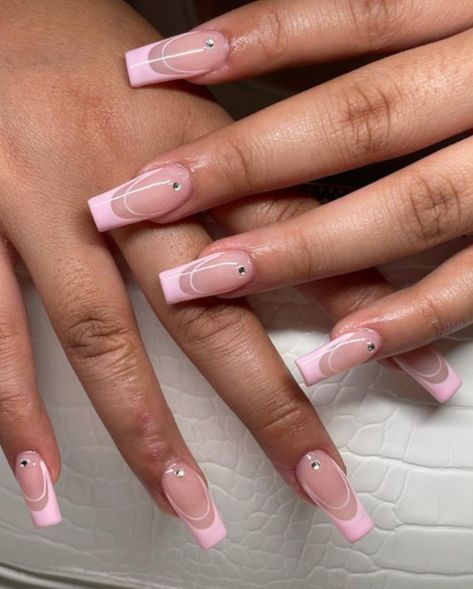 Nails With Letter K On It, Pink French Tip With Diamonds, Pink French Nails With Gems, Pink French Tip Nails With Diamonds, Baby Pink Nails With Design Art Ideas, Summer Nails Gems, Pink French Tip Nails With Gems, Pink French With Rhinestones, Pink French Tip With Gems