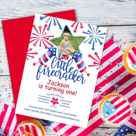 Firecracker Birthday, Summer Birthday Invitations, 1st Birthday Party Invitations, 1st Birthday Party Themes, Watercolor Birthday, July Birthday, Summer Birthday, 1st Birthday Invitations, Boy Birthday Parties