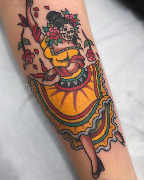 Mexican Folk Art Tattoos, Folk Art Tattoos, Dancing Tattoo, Mexico Tattoo, Mexican Tattoo, Traditional Tattoo Inspiration, Mexican Art Tattoos, Ballet Folklorico, Poppies Tattoo