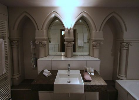 gothic bathroom - Google Search Gothic Details, Gothic Interior Design, Gothic Arches, Gothic Bathroom, Black Tower, White Marble Bathrooms, Gothic Interior, Arch Ideas, Gothic Bedroom