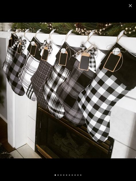 Red And Black Buffalo Plaid Christmas Stocking, Black Christmas Stockings Ideas, Black And White Christmas Stocking, Black And White Plaid Christmas Decor, Xmas Stockings Ideas, Winter Apartment, Black Christmas Stocking, Alpine Christmas, Sewing Closet