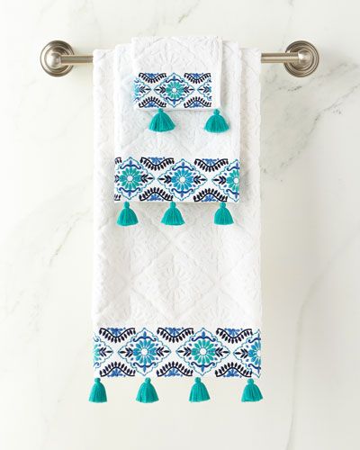 Blue Bath Towels, Embroidered Bath Towels, Blue Shower Curtains, John Robshaw, Hanger Diy, Blue Bath, Blue Face, Boho Bathroom, Cotton Hand Towels