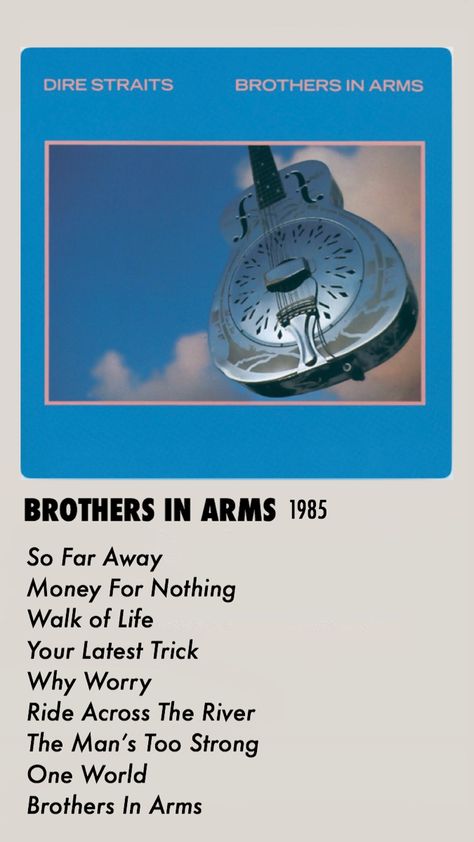 Brothers in Arms - Dire Straits | Minimalist Album Print Dire Straits Album Covers, Brothers In Arms Dire Straits, Dire Straits Poster, Spotify Songs, Money For Nothing, Why Worry, Favorite Albums, Dire Straits, Brothers In Arms