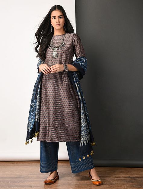 Purple Ajrakh-printed Silk Cotton Kurta with Pleats Gaji Silk Dress Design, Gaji Silk Kurta Design, Silk Kurtas, Simple Kurtis, Kurti Pattern, Silk Kurti Designs, Yellow Kurta, Dress Styling, Suit Salwar