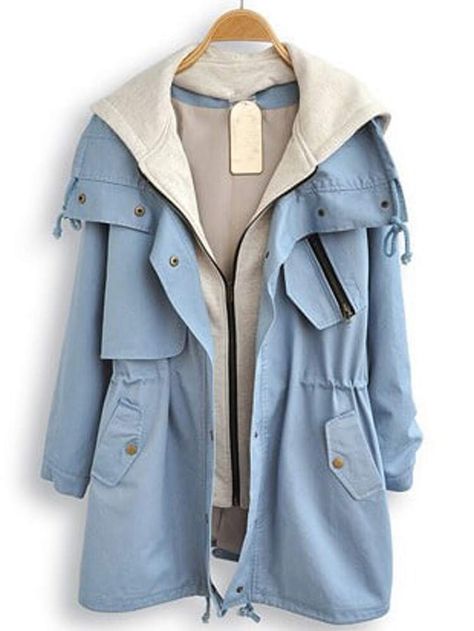 Light Blue Hooded Long Sleeve Pockets Trench Coat | SHEIN Velvet Jackets Women, Rain Coat Outfit, Jaket Denim, Raincoat Outfit, Coat Outfit, Blue Coat, Trendy Fashion Tops, Rain Coat, Fashion Attire