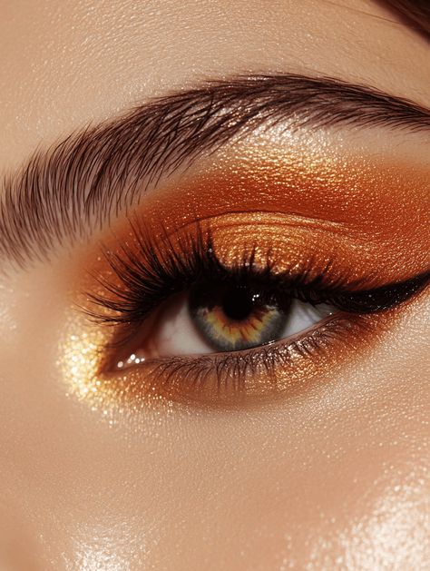 A stunning close-up of an eye featuring vibrant orange metallic eyeshadow and luscious lashes, radiating warmth and allure. Perfect for makeup inspiration! Glowy Orange Makeup, Orange Gold Makeup, Fall Themed Makeup, Rust Makeup, Orange Eyeshadow Looks, Beauty Ecommerce, Orange Eyeshadow, Gold Eye Makeup, Orange Makeup