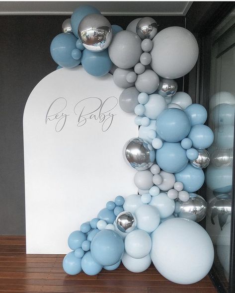 Blue Balloon Arch Ideas, Pale Blue Birthday Party, Cloud Nine Balloon Garland, Baby Shower Boy Balloon Arch, Blue And Silver Baby Shower Ideas, Balloon Arch Baby Shower Boy, Baby Boy Balloon Arch, Baby Boy Shower Backdrop, Dusty Blue Baby Shower Ideas