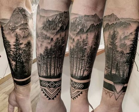 Mountain Sleeve Tattoo, Forest Tattoo Sleeve, Tree Silhouette Tattoo, Natur Tattoo Arm, Tree Sleeve Tattoo, Tree Tattoo Arm, Tato Maori, Silhouette Tattoo, Forest Tattoo