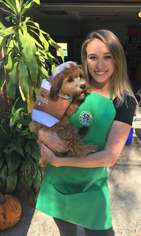 Cute Dog Halloween Costumes With Owner, Pet Duo Halloween Costumes, Puppy And Me Halloween Costumes, Costume Ideas For You And Your Dog, Matching Costumes With Your Dog, Halloween Costumes Dog And Owner, Halloween Costumes To Match Dog, Dog Starbucks Costume, Dog And Cat Halloween Costumes