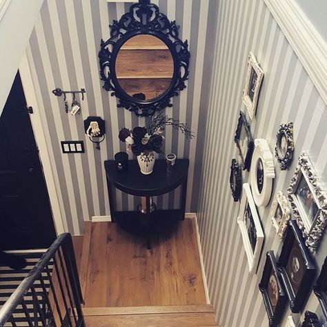 Home sweet horror. 💜   #gothic #gothichome #gothichomemaking #everydayishalloween #stripes #halloweendecor #hallway #diy Gothic Home Interior, Film Decor, Gothic Interior, Goth Home, Goth Home Decor, Gothic Decor, Gothic Home Decor, Gothic House, Elegant Home Decor