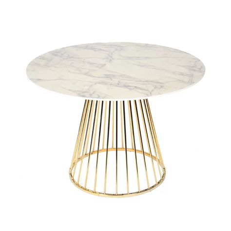 Mercer41 Alemany Dining Table & Reviews | Wayfair Gold Round Dining Table, Statement Furniture Pieces, Stainless Steel Dining Table, Metal Base Dining Table, Steel Dining Table, Marble Table Top, Marble Dining, Pedestal Dining Table, Dining Table Marble