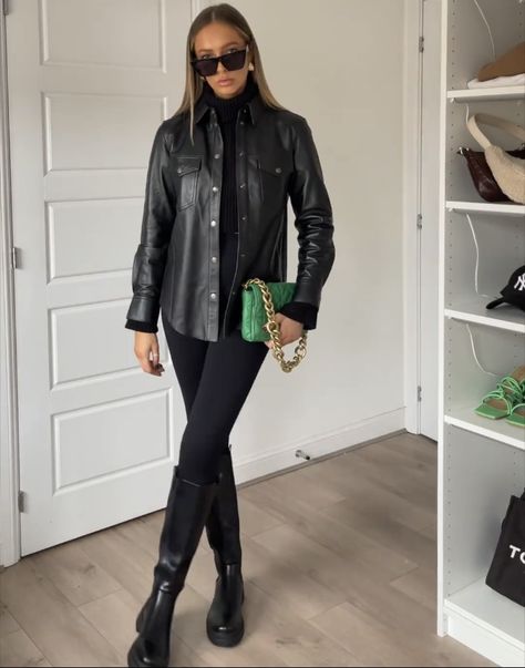 Outfits With Leather Shirt, Black Leather Shirt Jacket Outfit, Black Leather Shirt Outfit Ideas, Faux Leather Button Down Shirt Outfit, Velvet Button Down Shirt Outfit, Oversized Leather Shirt Outfit, Black Leather Button Up Shirt Outfit, Leather Button Down Shirt Outfit, Sobrecamisa Piel Outfit