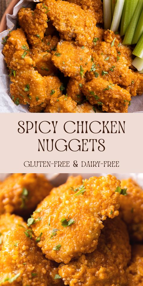 Baked Spicy Chicken Nuggets are a fun, easy, and flavorful dish! They can be served in a variety of ways including as an appetizer or as a main meal. Plus, this recipe is made with gluten-free and dairy-free ingredients! Dairy Free Chicken Thigh Recipes, Dairy Free And Gluten Free Snacks, Recipes For Dinner Dairy Free, Gf Dairy Free Recipes Dinner, Gluten Free Dairy Free Instapot Recipes, Gluten Free Dairy Free Meal Prep, Dairy Free Appetizers Easy, Quick Dairy Free Dinner, Gluten Free Air Fryer Chicken Nuggets