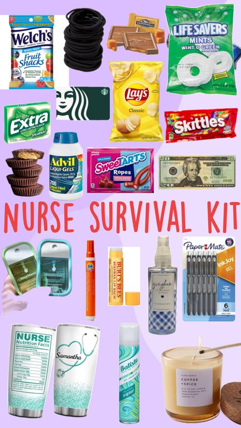 Snacks, small needs, and little extra things Nurse Week Gift Ideas Diy, Nursing Survival Kit, Employee Appreciation Gifts Diy, Nurse Survival Kit, Survival Kit Gifts, Appreciation Gifts Diy, Nurses Week Gifts, Nurse Bag, Nurse Love