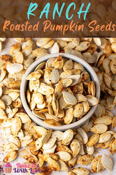 Ranch roasted pumpkin seeds are a delicious, tangy, and buttery fall snack great for satisfying your savory cravings! Raw pumpkin seeds are combined with olive oil, a Hidden Valley Dip mix packet, paprika, and salt. Make these salty and savory seeds with ranch flavoring and your family will have a new fall-favorite snack! BakeItWithLove.com #bakeitwithlove #pumpkinseeds #ranch #roasted #snack #pumpkin #seeds Easy Pumpkin Seeds Recipe Roasted, Easy Pumpkin Seeds, Flavored Pumpkin Seeds, Savory Pumpkin Seeds, Pumpkin Seed Recipes Roasted, Pumpkin Seeds Baked, Pumpkin Seeds Recipe, Sweet Pumpkin Seeds, Savory Pumpkin Recipes