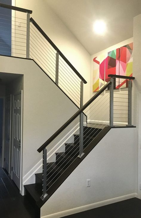 Cable Railing Interior, Wooden Staircase Railing, Cable Stair Railing, Mountain House Design, Metal Handrail, Rustic Staircase, Interior Stair Railing, Interior Railings, Modern Stair Railing