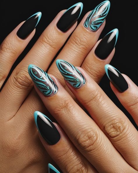 Turquoise Temptation: Elegance Meets Edge! 💎🖤 Embrace the perfect blend of bold and beautiful with these stunning turquoise and black nails! ✨💅 The striking contrast adds a touch of elegance while keeping things edgy and chic. Perfect for a night out or a stylish day at the office, these nails make a statement without saying a word! 💖🌌 Swipe for some serious inspo and let your nails do the talking! #turquoiseandblack #elegantnails #chicnailart #PrettyAndBold #nails #nailsnailsnails #art #fyp ... Turquoise And Black Nails, Nails With Turquoise, Long Black Nails, Black Gel Nails, Chic Nail Art, Turquoise Nails, Turquoise And Black, Turquoise Accents, Beautiful Nail Designs