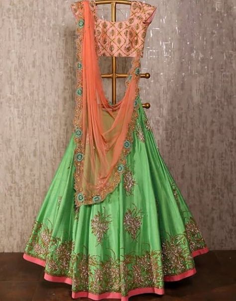 Beautiful Hand Embroidered Raw Silk Lehenga-Choli. Worked Blouse, New Lehenga, Raw Silk Lehenga, New Saree Designs, Parrot Green, Lehenga Blouse Designs, Indian Wedding Photography Poses, Royal Clothing, Half Saree Designs