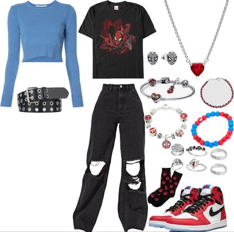 Spider Verse Outfit Ideas, Spiderman Inspired Outfit Aesthetic, Spider Man Inspired Outfit Women, Spiderman Fit Aesthetic, Spider Man Themed Outfit, Spider Man Aesthetic Outfits, Miles Morales Inspired Outfit Ideas, Spider Man Outfits Ideas Aesthetic, Spiderverse Outfit Ideas