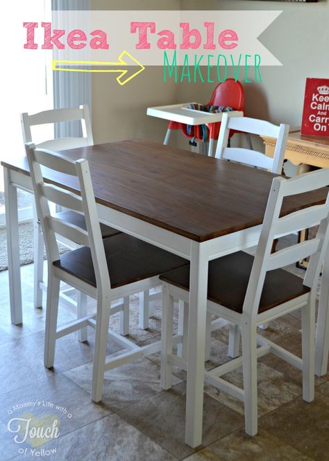 A mommy's life...with a touch of YELLOW: Ikea Kitchen Table Makeover {Tutorial} Ikea Kitchen Table, Ikea Jokkmokk, Ikea Tables, Yellow Dining Room, Kitchen Table Makeover, Table Ikea, Ikea Table, Kitchen Table Wood, Table Makeover