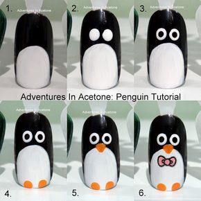 Penguin Nail Art, Penguin Nails, Nailart Tutorial, Kids Nails, Kutek Disney, Angel Nails, Unghie Nail Art, Animal Nail Art, Nail Stuff