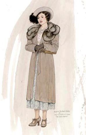 Concept art for the Queen's tea dress and coat by artist Lois DeArmond from "The King's Speech" (2010). Jenny Beavan, Paper Theater, Costume Sketches, Costume Design Sketch, King's Speech, Hollywood Costume, Helena Bonham, Art Costume, Helena Bonham Carter